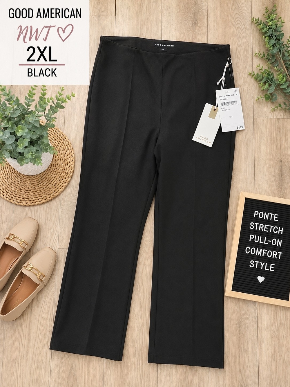 Good American NWT Black Ponte Pull-On Straight Leg Pants Women's 2XL